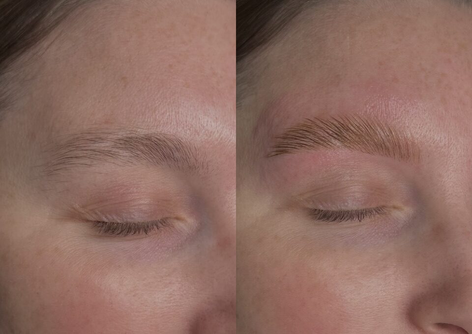 Before and after brow lamination and tint at Integrated Spa